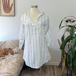 Hooded, beach cover-up, white and blue striped linen style